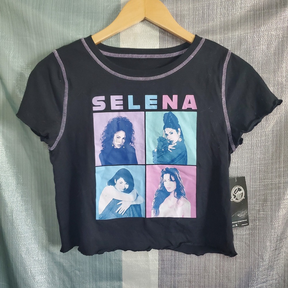 Official Selena Quintanilla Graphic‎ Crop Top Black Purple Lettuce Edge L 90s